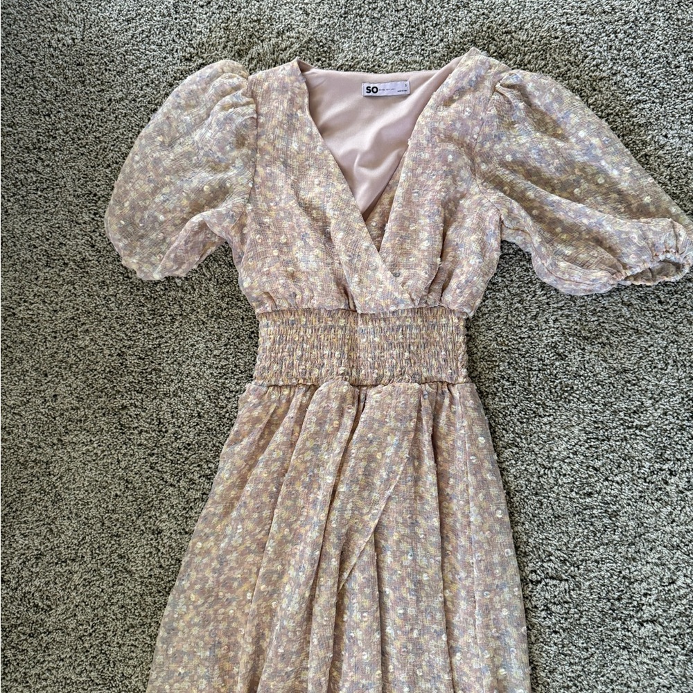 SO Pink Floral Midi Dress with Puff Sleeves